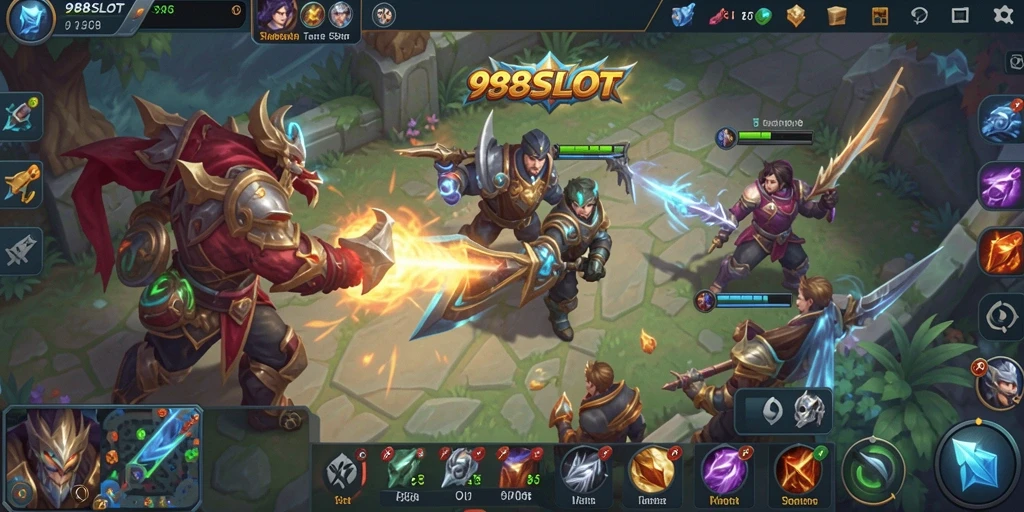 Screenshot 988SLOT menampilkan aksi seru dalam pertempuran MOBA.