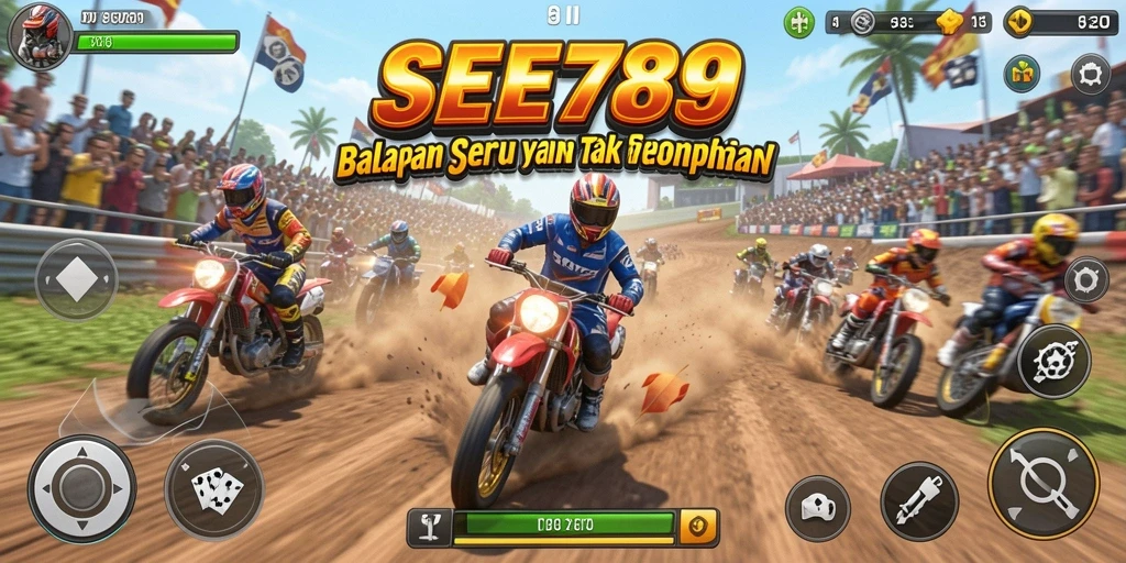 Screenshot gameplay SEE789 dengan balapan yang mendebarkan dan kendaraan bertenaga.